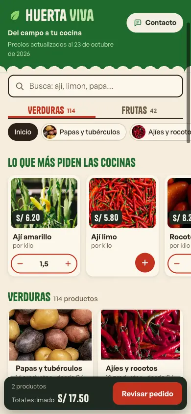 Catálogo de Huerta Viva en un celular: buscador, subcategorías con foto y precios por kilo